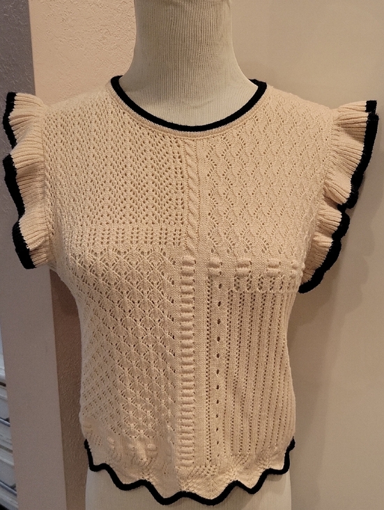 Miou Muse Tops - Cream Knit Ruffle Sleeve Top with Black Trim